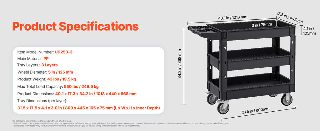 2/3 Shelf Utility Service Cart Dolly with 360° Swivel Wheels Ergonomic Storage Handle for Warehouse/Garage/Cleaning