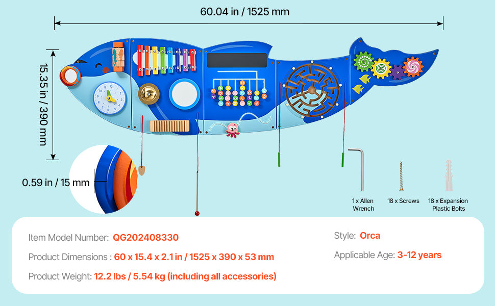 SucceBuy Orca Kids Wall Busy Board 12 Activities Hanging Panels Montessori Sensory Learning Toys for Toddler 3-12 Play Toys